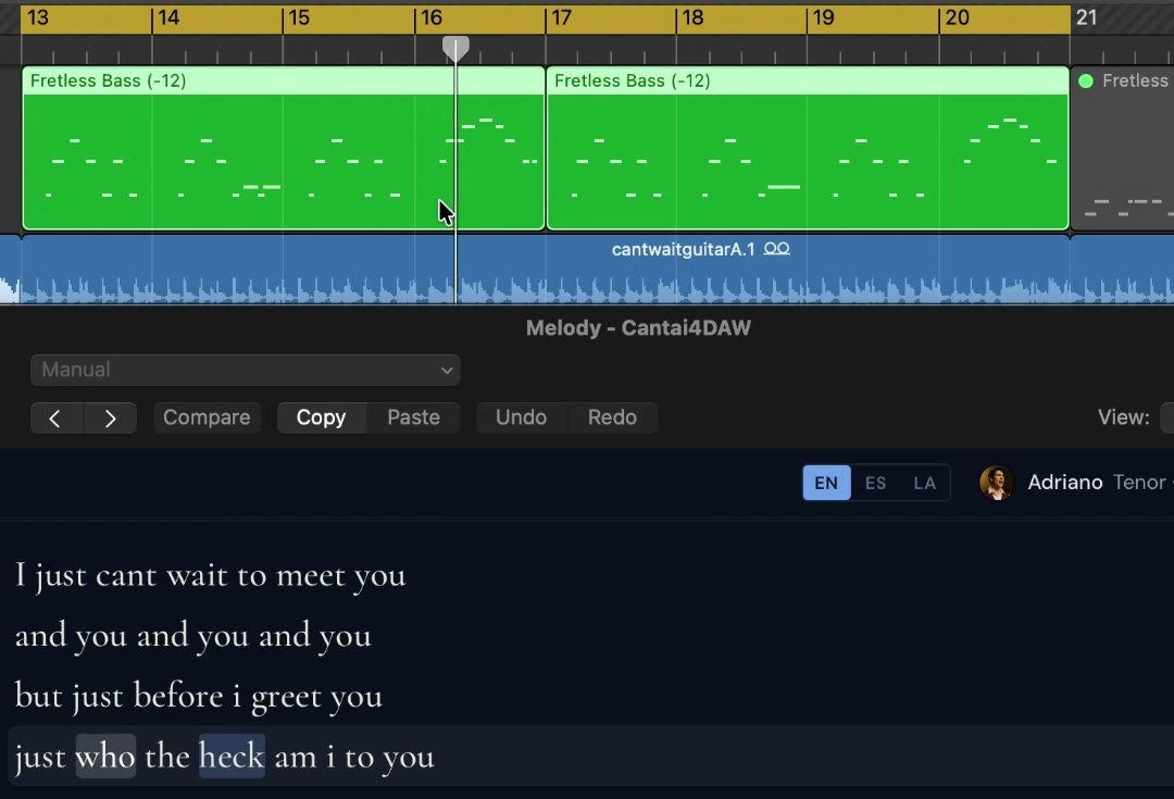 The plugin in Logic Pro, singing “just who the heck am i to you”
