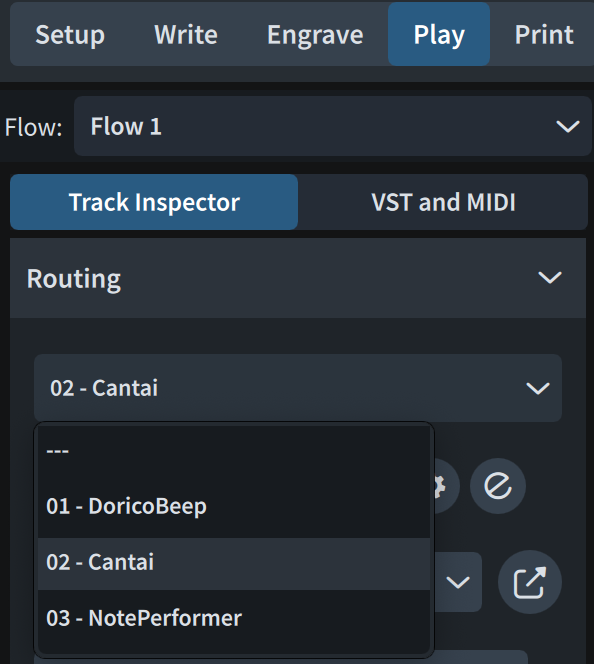 Dorico Play mode — Track Inspector showing Cantai selected in routing
