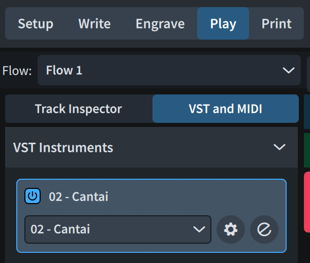 Dorico Play mode — VST and MIDI tab showing a Cantai instance loaded