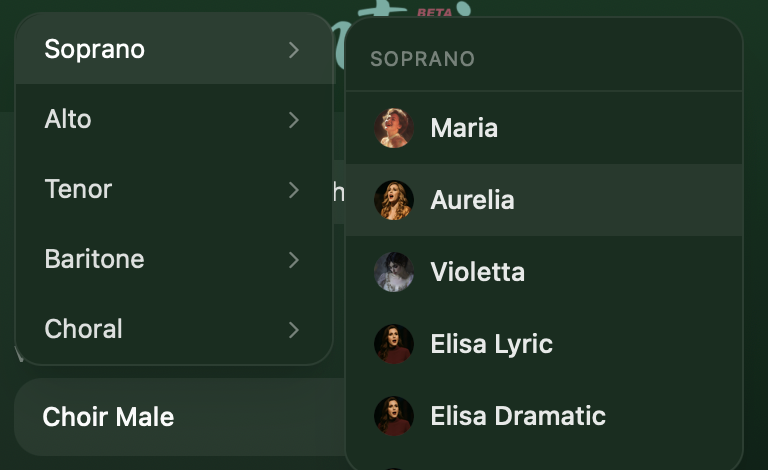 Cantai voice selection dropdown showing voice categories and individual voices