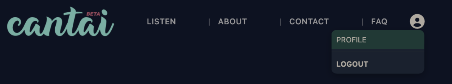 cantai.app navigation showing the Profile menu