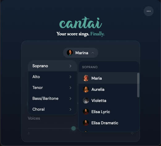 Cantai voice selection dropdown showing voice categories and individual voices