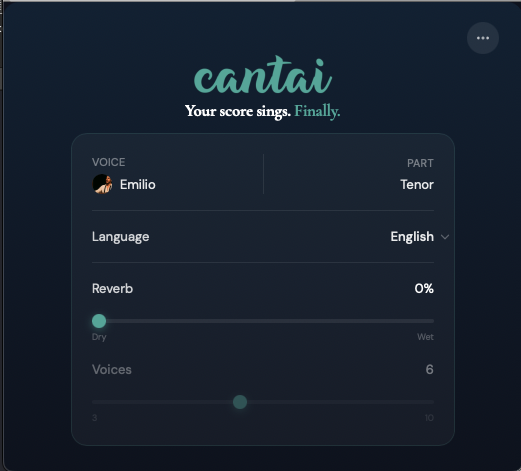 Cantai interface — active voice and detected part shown, with the three-dots settings menu in the top-right