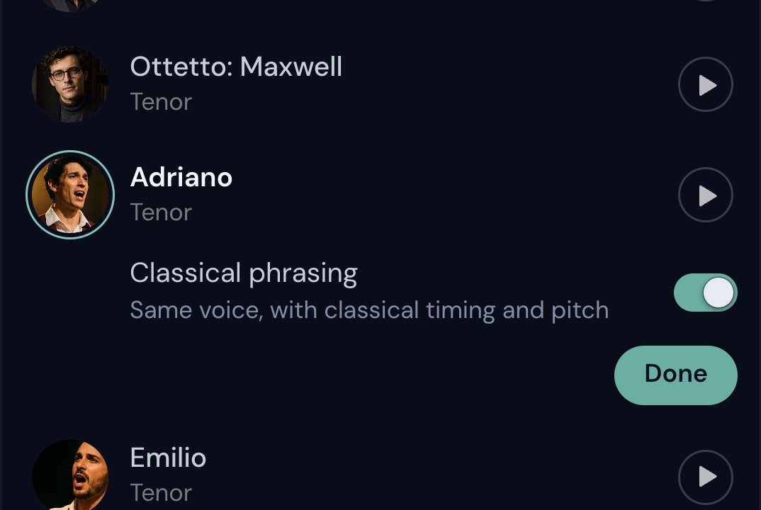 The voice list: Adriano chosen, with the Classical phrasing switch on under him